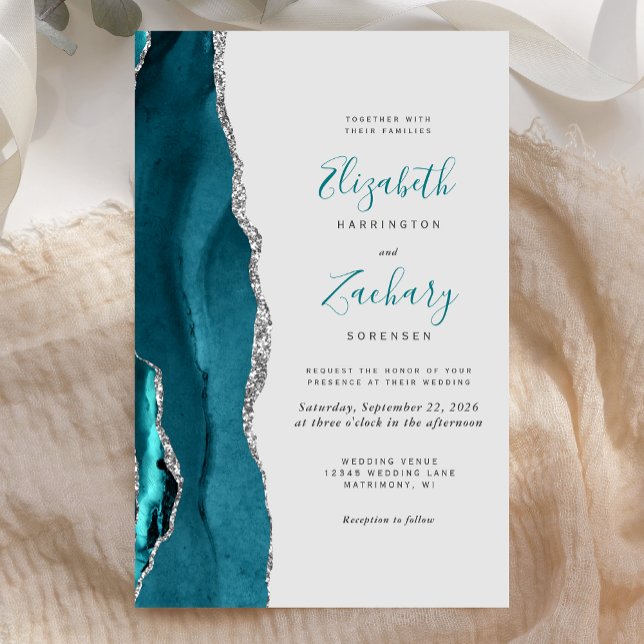 Budget Teal Blue Silver Agate Gray Wedding Invite (Creator Uploaded)
