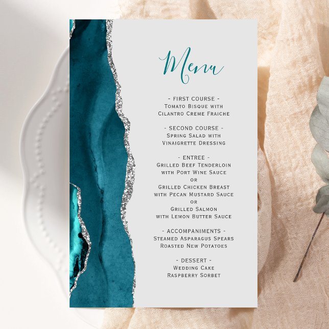 Budget Teal Blue Silver Agate Gray Wedding Menu (Creator Uploaded)