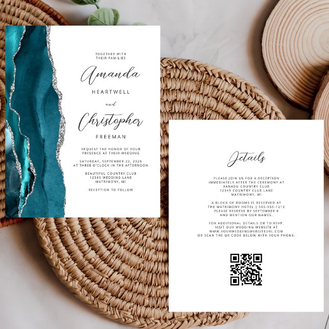 Budget Teal Blue Silver Agate QR Code Wedding (Creator Uploaded)