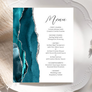Budget Teal Blue Silver Agate Script Wedding Menu