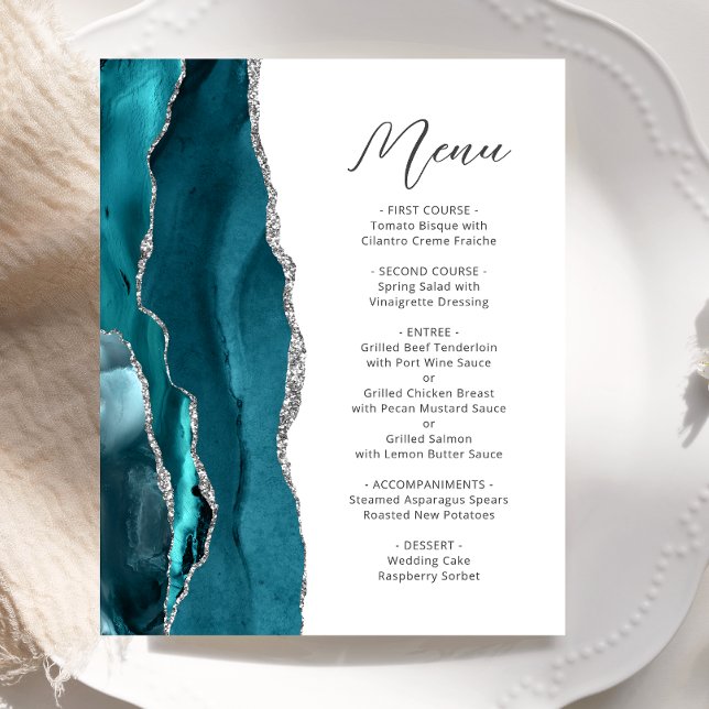 Budget Teal Blue Silver Agate Script Wedding Menu (Creator Uploaded)