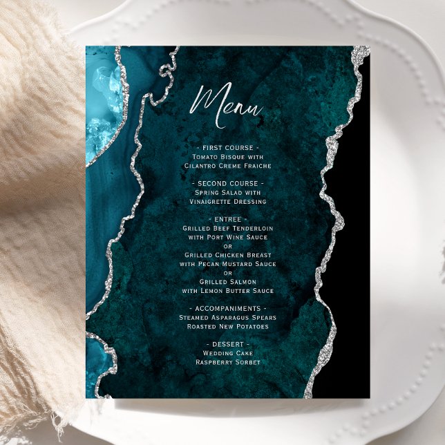 Budget Teal Blue Silver Agate Wedding Menu (Creator Uploaded)
