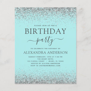 Budget Teal Blue Silver Any Age Birthday Glitter Flyer