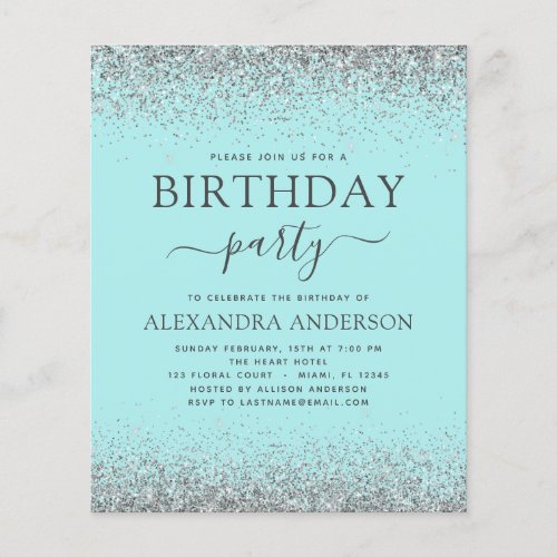 Budget Teal Blue Silver Any Age Birthday Glitter Flyer