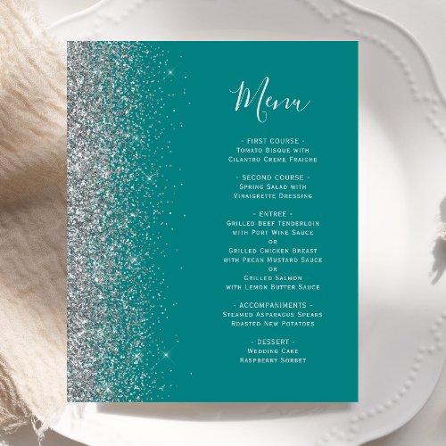 Budget Teal Blue Silver Glitter Edge Wedding Menu