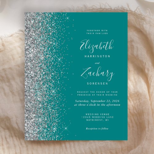 Budget Teal Blue Silver Glitter Wedding Invite