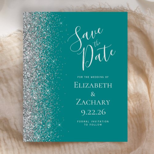 Budget Teal Blue Silver Save the Date Card