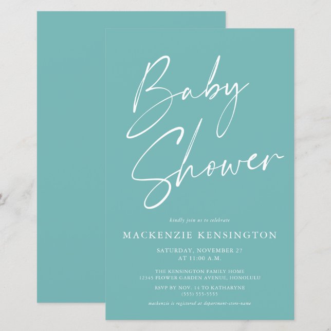 Budget Teal Blue Simple Script Baby Shower (Front/Back)
