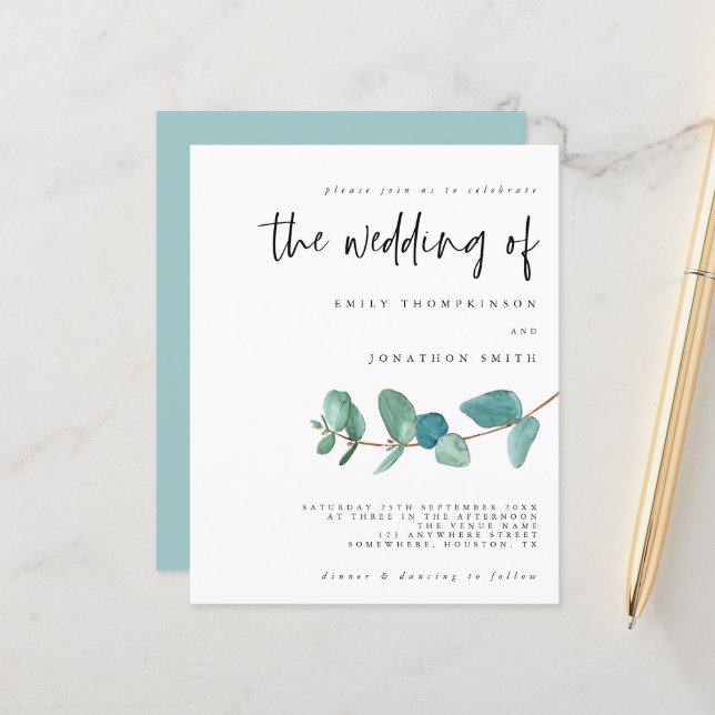 Budget Teal Eucalyptus Minimal Wedding Invitation (Front/Back In Situ)