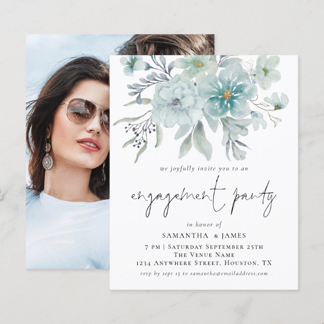 Budget Teal Florals Photo Engagement Party Invite (Front/Back)