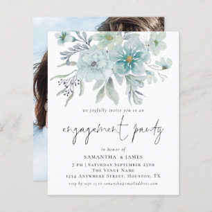 Budget Teal Florals Photo Engagement Party Invite