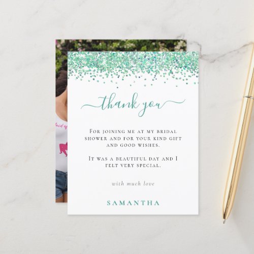 Budget Teal Glitter Photo Bridal Shower Thank You