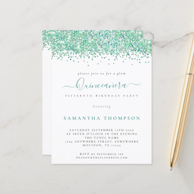 Budget Teal Glitter Quinceañera Invitation (Front/Back In Situ)