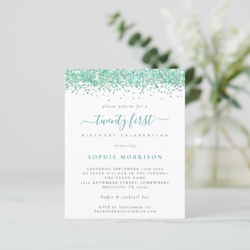 Budget Teal Glitter Twenty First Party Invite