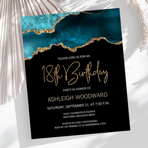 Budget Teal Gold Agate 18th Birthday Invitation