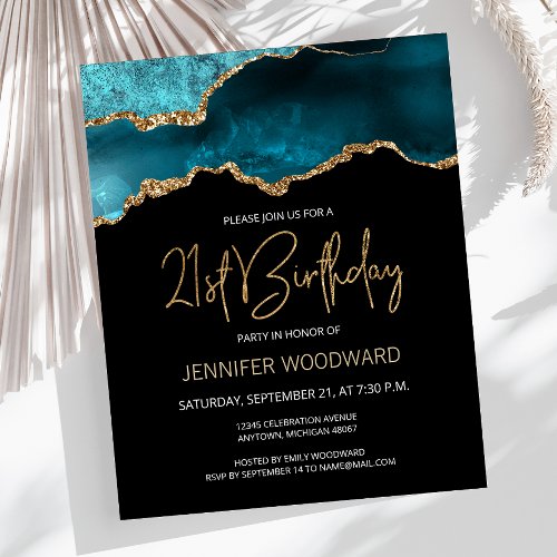 Budget Teal Gold Agate 21st Birthday Invitation