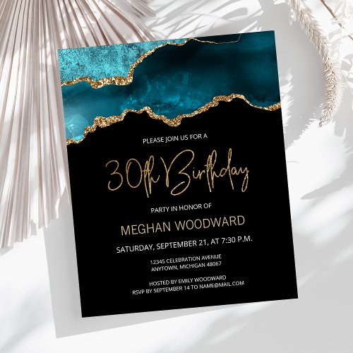 Budget Teal Gold Agate 30th Birthday Invitation