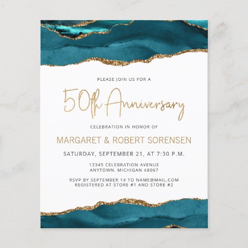 Budget Teal Gold Agate 50th Anniversary Invitation