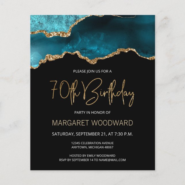 Budget Teal Gold Agate 70th Birthday Invitation (Front)