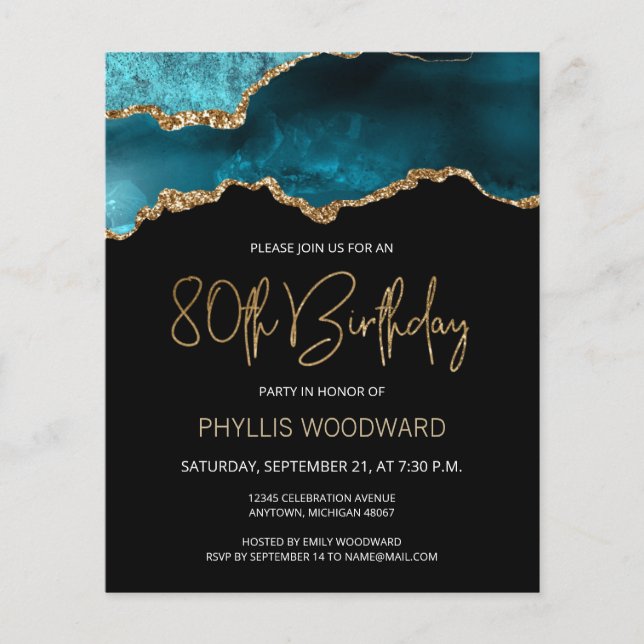 Budget Teal Gold Agate 80th Birthday Invitation (Front)
