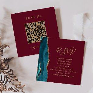 Budget Teal Gold Agate Burgundy QR Code RSVP Enclosure Card