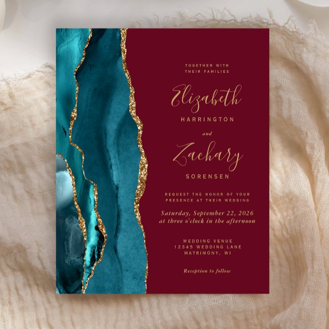 Budget Teal Gold Agate Burgundy Wedding Invitation (Creator Uploaded)