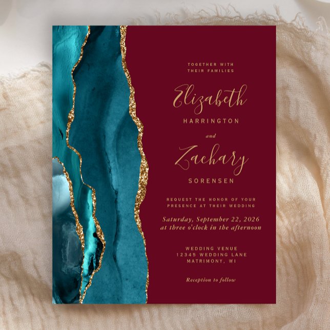 Budget Teal Gold Agate Burgundy Wedding Invitation (Creator Uploaded)