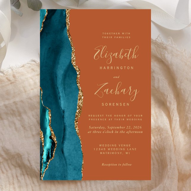 Budget Teal Gold Agate Burnt Orange Wedding Invite (Creator Uploaded)