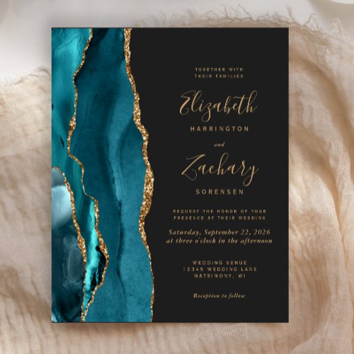 Budget Teal Gold Agate Dark Wedding Invitation