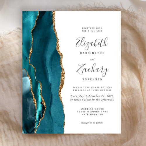 Budget Teal Gold Agate Modern Wedding Invitation