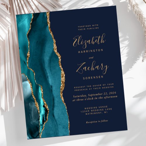 Budget Teal Gold Agate Navy Blue Wedding Invite