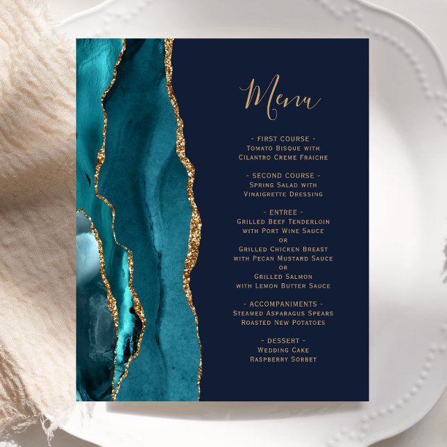 Budget Teal Gold Agate Navy Blue Wedding Menu (Creator Uploaded)