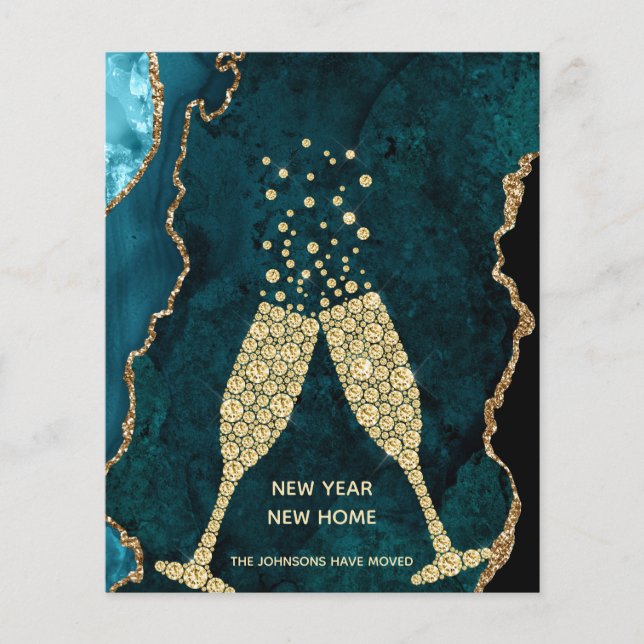 Budget Teal Gold Agate New Year New Address Card (Front)