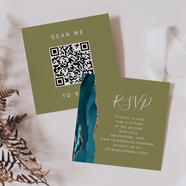 Budget Teal Gold Agate Olive Wedding QR Code RSVP Enclosure Card (Creator Uploaded)