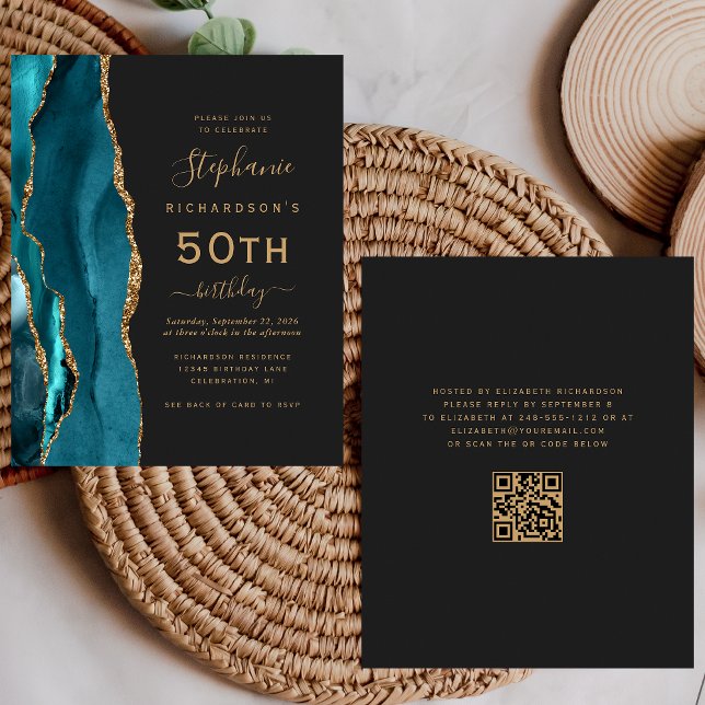 Budget Teal Gold Agate QR Code 50th Birthday (Creator Uploaded)