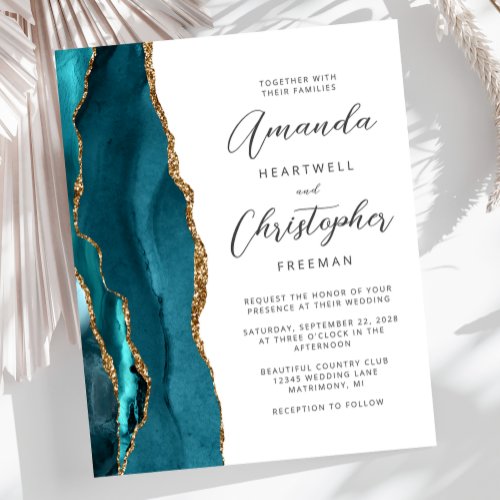 Budget Teal Gold Agate Script Wedding Invitation