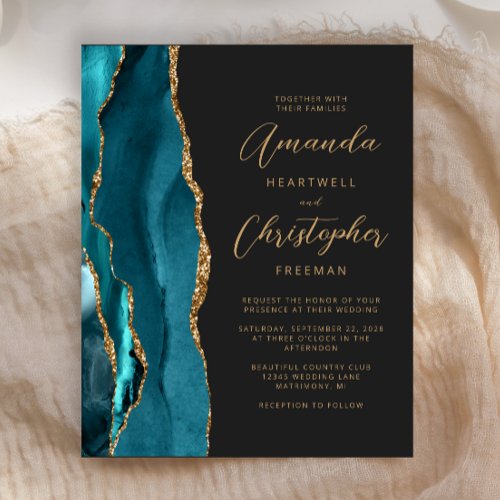 Budget Teal Gold Agate Slate Wedding Invitation