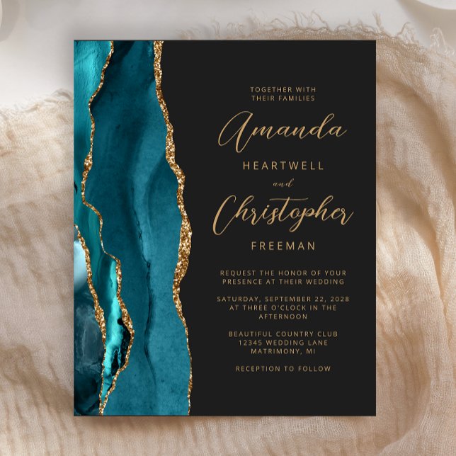 Budget Teal Gold Agate Slate Wedding Invitation (Creator Uploaded)