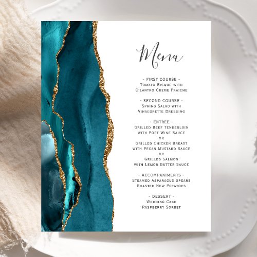 Budget Teal Gold Agate Wedding Menu