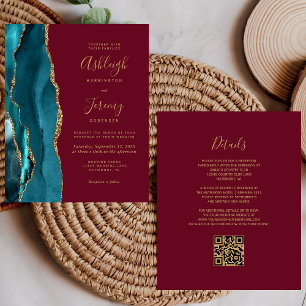 Budget Teal Gold Burgundy QR Code Wedding Invite