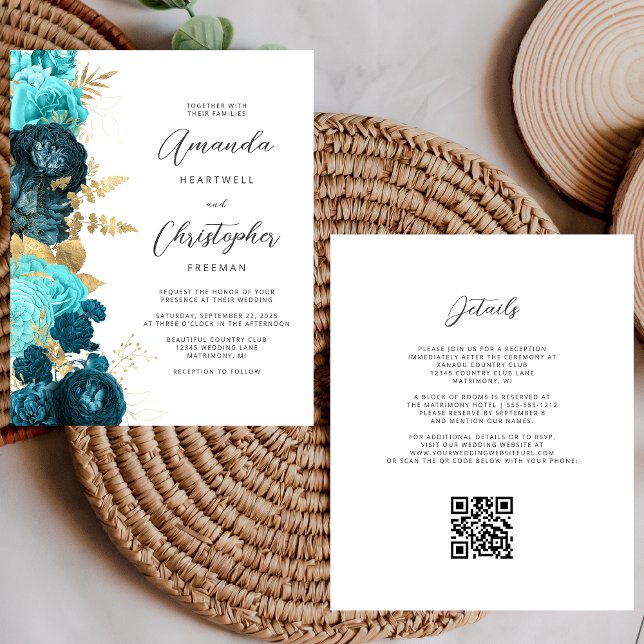 Budget Teal Gold Floral QR Code Wedding Invite (Creator Uploaded)