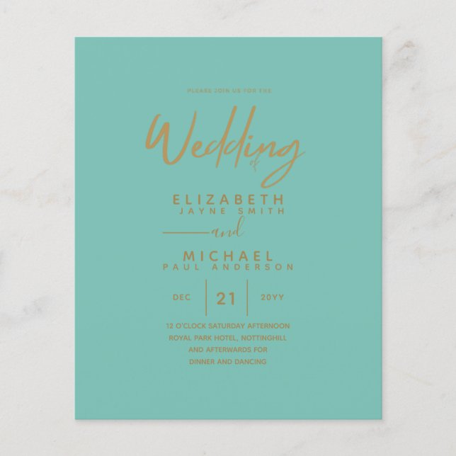 Budget Teal Gold Modern Simple Wedding Invitation (Front)