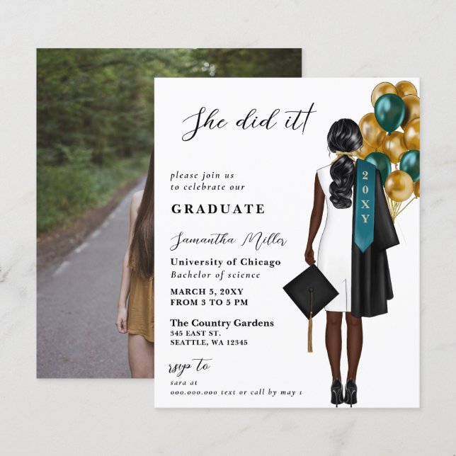 Budget Teal Gold Photo She Did It Graduation (Front/Back)