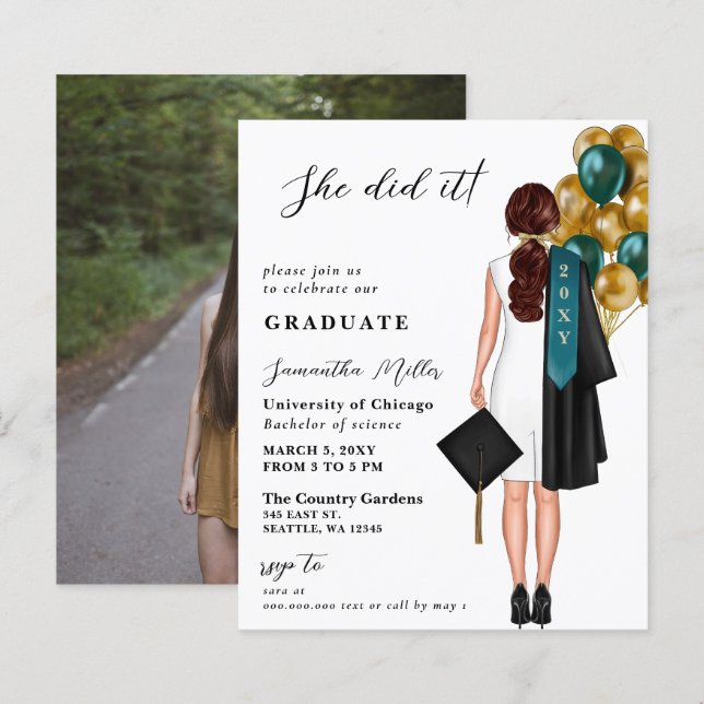 Budget Teal Gold Photo She Did It Graduation (Front/Back)