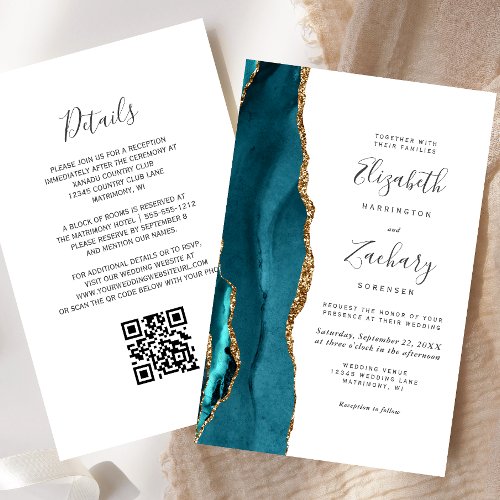 Budget Teal Gold QR Code Wedding Invitation