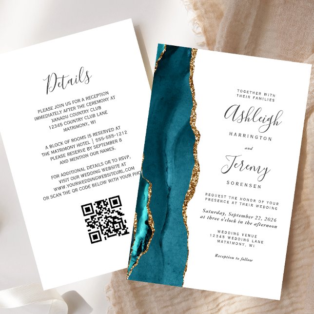 Budget Teal Gold QR Code Wedding Invitation (Creator Uploaded)