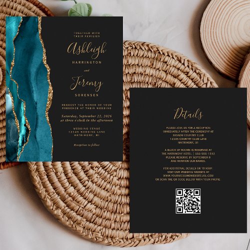 Budget Teal Gold QR Code Wedding Invitation