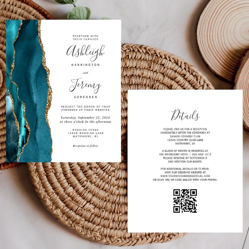 Budget Teal Gold QR Code Wedding Invitation