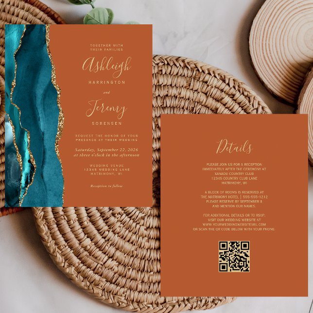 Budget Teal Gold Rust QR Code Wedding Invitation (Creator Uploaded)