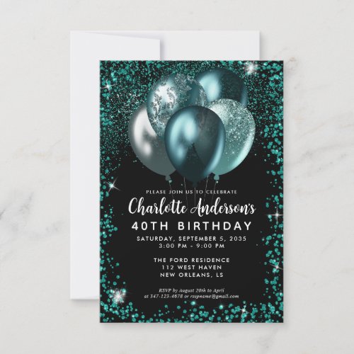 Budget Teal Green Black Glitter Balloon Birthday Note Card